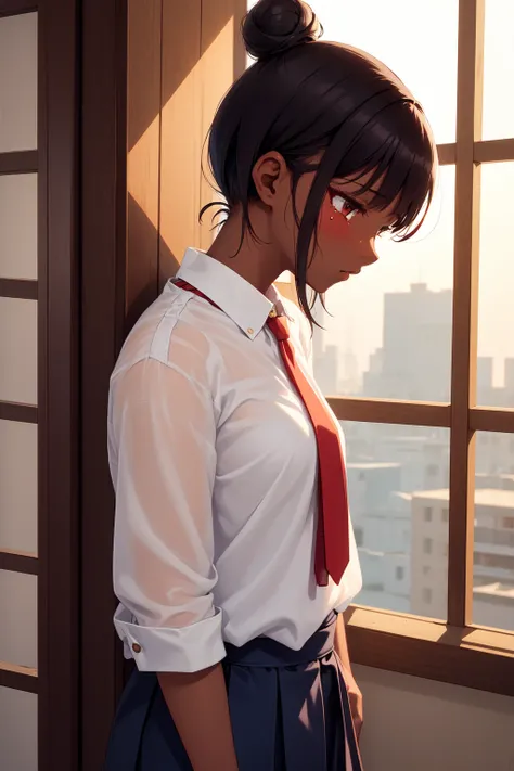 masterpiece, best quality, girl, blouse, red necktie, tanned skin, dark skin, dark skinned female, dawn, japan, sunset, evening, short hair with a bun, side view, upper body, solo, (bokeh), buildings, factory, casual, (sad, depressed), (blue skirt), head against the wall, tears, crying
