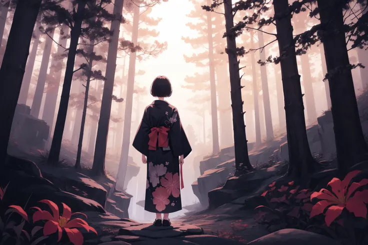 masterpiece, best quality, back view, girl, short hair, black hair, yukata, flower print, (shooting star:0.9), (night:1.3), solo, alone, forest clearing, cliff, abyss, standing on the edge