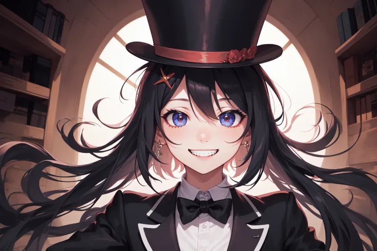 masterpiece, best quality, top hat, girl, tuxedo, portrait, solo, (crazy smile, crazy:1.4), inhuman eyes, crazy eyes, yandere, absurd,