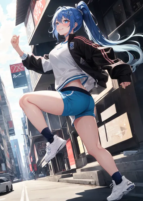 solo, 1girl, sweating profusely, smile, running, blue hair, ponytail, star hair ornament, blue eyes, sportswear, ankle socks, sneakers, cityscape, sidewalk, best quality, perfect anatomy, highres, absurdres, extremely detailed CG unity 8k wallpaper