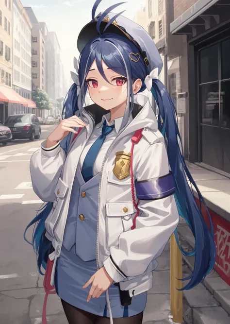 solo, 1girl, fubuki, smug, jitome, smile, twintails, streaked hair, antenna hair, heart hair ornament, police hat, red eyes, police uniform, white jacket, blue vest, blue necktie, pencil skirt, black pantyhose, cowboy shot, cityscape, streets, cowboy shot, best quality, perfect anatomy, highres, absurdres, extremely detailed CG unity 8k wallpaper, <lora:fubukiBlueArchive_v1b:0.9>