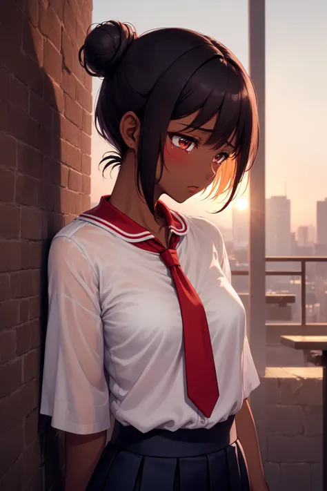 masterpiece, best quality, girl, blouse, red necktie, tanned skin, dark skin, dark skinned female, dawn, japan, sunset, evening, short hair with a bun, side view, upper body, solo, (bokeh), buildings, factory, casual, (sad, depressed), (blue skirt), head against the wall, tears, crying