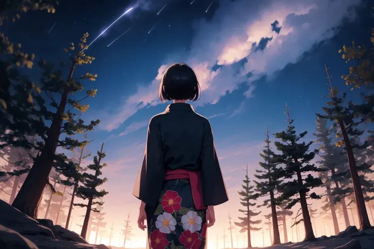 masterpiece, best quality, back view, girl, short hair, black hair, yukata, flower print, (shooting star:0.9), (night:1.3), solo, alone, forest clearing, cliff, abyss, standing on the edge