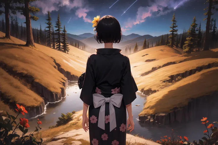 masterpiece, best quality, back view, girl, short hair, black hair, yukata, flower print, (shooting star:0.9), (night:1.3), solo, alone, forest clearing, cliff, abyss, standing on the edge