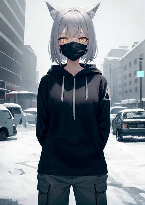 solo, 1girl, standing, arms behind back, medium grey hair, wolf ears, yellow eyes, bright pupils, grey hoodie, black cargo pants, mouth mask, snowing, cityscape, cowboy shot, best quality, perfect anatomy, highres, absurdres, extremely detailed CG unity 8k wallpaper