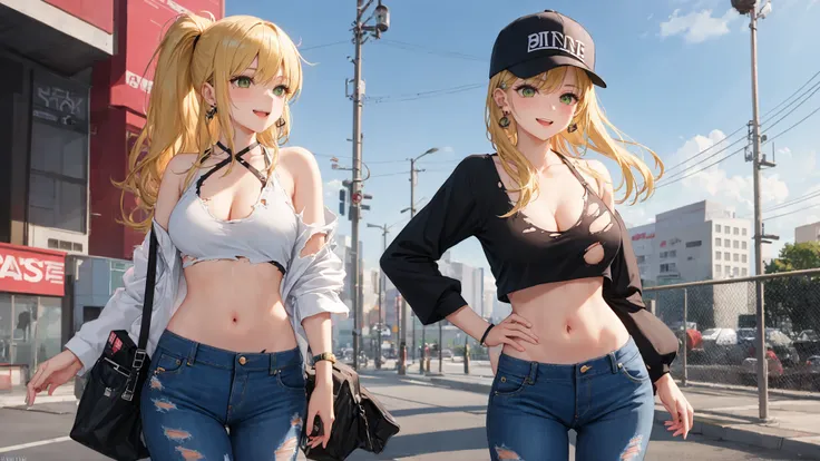 dynamic_pose, 1girl, older, older_woman, several ear piercings, lots of earrings, round face, bangs, bare_shoulders, green eyes, baseball_cap, blonde_hair, ponytail, athletic, fit, medium_breasts, collarbone, earrings, open_mouth, full_body, ((halter_top, halterneck, shirt)), hat, highleg, highleg_panties, jeans, jewelry, lowleg, lowleg_pants, midriff, panties, pants, smile, sneakers, solo, torn_jeans, torn_legwear, torn_pants, underwear, outdoors