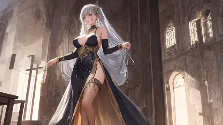 dynamic pose, extremely detailed, illustrated, 1girl, standing, older_woman, milf, covered shoulders, elbow gloves, long dress with intricate details and see through parts, lace, straps, necklace, gold, silver details, metals, metallic details, bangle, several bracelets, earrings, hair ornament, medium_breasts, floor length dress, stockings, leggings, garters, garterbelt, (intricate details, extremely detailed, beautiful, masterpiece, 8k, absurdres, high res, bloom), outdoors