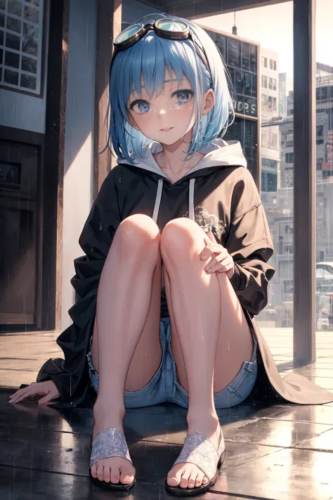 {{extremely delicate and beautiful hands}},highly detailed,masterpiece,ultra-detailed,illustration,{incredibly_absurdres},rain,1girl,solo,full body,an extremely delicate and beautiful girl,beautiful detailed eyes,cumulonimbus capillatus,focus_on_face,beautiful detailed glow,extremely detailed CG unity 8k wallpaper,bright_eyes,beautiful and delicate water,in autumn,goggles,hoodie ,blue hair,bob cut,cityscape,smug,{{{ultra-detailed}}},delighted glow,{{beautiful hand and fingers}},{{{in the rain}}},expressionless,,crossed legs,short shorts