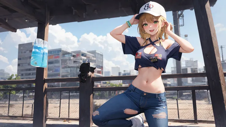 dynamic_pose, 1girl, older, older_woman, several ear piercings, lots of earrings, round face, bangs, bare_shoulders, green eyes, baseball_cap, blonde_hair, ponytail, athletic, fit, medium_breasts, collarbone, earrings, open_mouth, full_body, ((halter_top, halterneck, shirt)), hat, highleg, highleg_panties, jeans, jewelry, lowleg, lowleg_pants, midriff, panties, pants, smile, sneakers, solo, torn_jeans, torn_legwear, torn_pants, underwear, outdoors