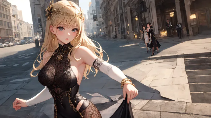 dynamic pose, extremely detailed, illustrated, 1girl, standing, older_woman, milf, covered shoulders, elbow gloves, long dress with intricate details and see through parts, lace, straps, necklace, gold, silver details, metals, metallic details, bangle, several bracelets, earrings, hair ornament, medium_breasts, floor length dress, stockings, leggings, garters, garterbelt, (intricate details, extremely detailed, beautiful, masterpiece, 8k, absurdres, high res, bloom), outdoors
