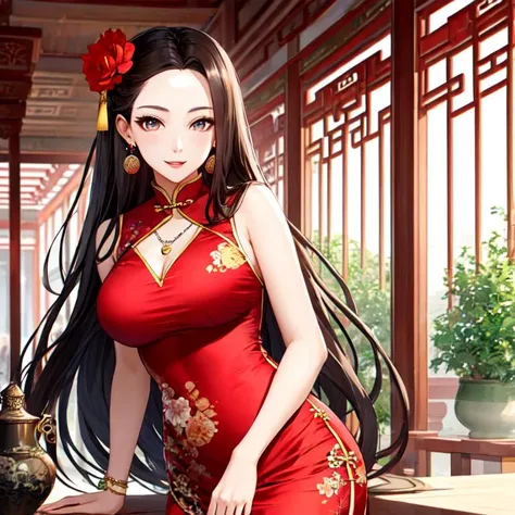 beautifull face, 1girl, wide hips, thights, mature, china dress,dress,hair ornament, necklace, jewelry, long hair, earrings, chinese clothes, (forehead),
