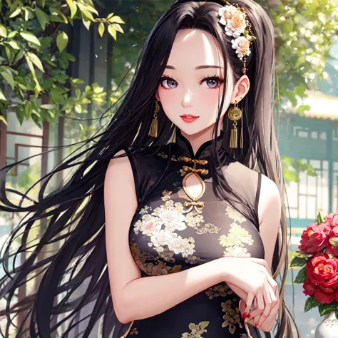 beautifull face, 1girl, wide hips, thights, mature, china dress,dress,hair ornament, necklace, jewelry, long hair, earrings, chinese clothes, (forehead),