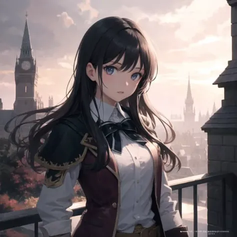 hdr, atmospheric, castle background, magic, sky, girl, upper body