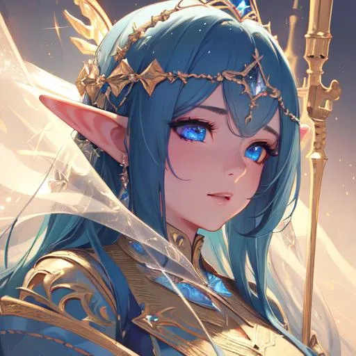 highres, highest quallity, illustration, cinematic light, ultra detailed, detailed face, (detailed eyes), best quality, hyper detailed, masterpiece, (detailed face),1girl,girl, highest details, luminous eyes, elf, wizard staff, magic, full body shot, fancy robes, starry eyes, backlighting, light rays, (high contrast), (colorful)