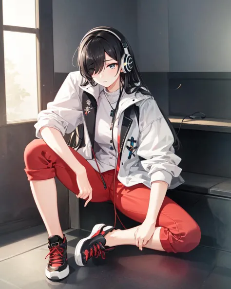 solo, 1girl, expressionless, sitting, black hair, hair over one eye, headphones, blazer, red pants, black footwear, stairway, full body, best quality, perfect anatomy, highres, absurdres, extremely detailed CG unity 8k wallpaper
