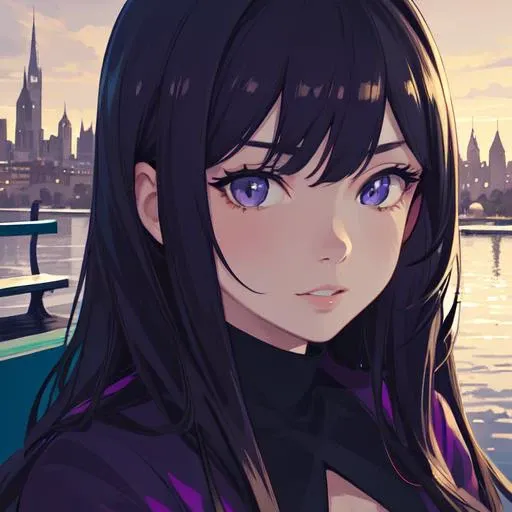 highres, highest quallity, illustration, cinematic light, ultra detailed, detailed face, (detailed eyes), best quality, hyper detailed, masterpiece, (detailed face),1girl, girl, gradient hair, purple eyes, highest details, luminous eyes, sitting on bench, sitting, bench, park, tall buildings, big cityscape, lake in background, backlighting, light rays, (high contrast), (colorful)