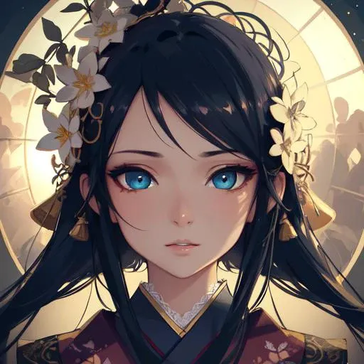 highres, highest quallity, illustration, cinematic light, ultra detailed, detailed face, (detailed eyes), best quality, hyper detailed, masterpiece, (detailed face),1girl,girl, highest details, luminous eyes, starry eyes, kimono, elegant, hair pins, garden, flowers, backlighting, light rays, (high contrast), (colorful)