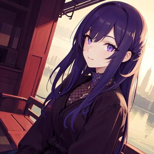 highres, highest quallity, illustration, cinematic light, ultra detailed, detailed face, (detailed eyes), best quality, hyper detailed, masterpiece, (detailed face),1girl, girl, gradient hair, purple eyes, highest details, luminous eyes, sitting on bench, sitting, bench, park, tall buildings, big cityscape, lake in background, backlighting, light rays, (high contrast), (colorful)