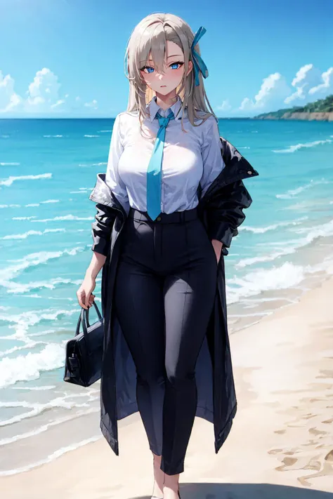 asuna \(blue archive\), best quality, ultra detailed, 1girl, solo, (full body), (detailed hands), standing, mature female, milf, blond hair, long hair, blue eyes, white shirt, black trousers, necktie, stare, (beach background),<lora:Asuna_Hard:1.0>
