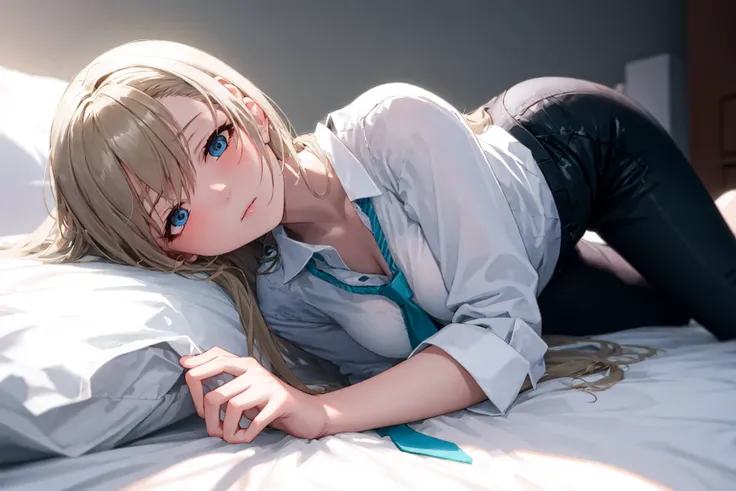 asuna \(blue archive\), best quality, ultra detailed, 1girl, solo, (beautiful face), (detailed face), (full body), (detailed hands), lying, (lies on its side), on bed, mature female, milf, blond hair, long hair, blue eyes, white shirt, black trousers, necktie, stare, (bedroom background),<lora:Asuna_Hard:1.0>