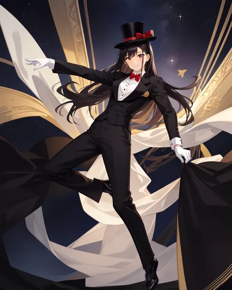 solo, 1girl, smile, pose, long black hair, brown eyes, top hat, black tuxedo, collared shirt, bowtie, black formal pants, black footwear, white gloves, red curtains, full body, starry sky, upper body, best quality, perfect anatomy, highres, absurdres, extremely detailed CG unity 8k wallpaper
