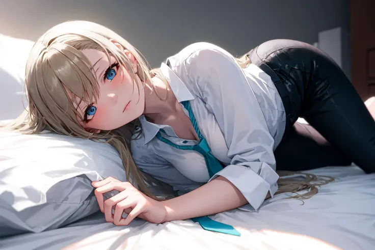 asuna \(blue archive\), best quality, ultra detailed, 1girl, solo, (beautiful face), (detailed face), (full body), (detailed hands), lying, (lies on its side), on bed, mature female, milf, blond hair, long hair, blue eyes, white shirt, black trousers, necktie, stare, (bedroom background),<lora:Asuna_Hard:1.0>
