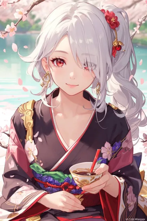 (masterpiece, best quality, ultra-detailed), (((detailed background, cherry blossoms,lake, bloom, flowers and petals, depth of field))), (best illumination, an extremely delicate and beautiful), detailed scenery, dramatic light, colorful, ((realistic)), hyper detail, finely detailed eyes and detailed face, (1girl, bishoujo, solo, sharp face, white hair, comma hair, wavy hair, messy hair, half ponytail, red eyes, kimono, Flower earrings, bandage over one eye,light smile, holding cup, sitting on stamp), Portrait of character, intricate details, focus face