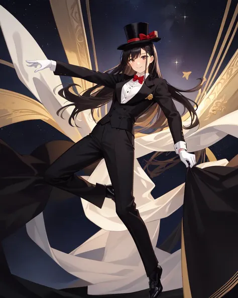solo, 1girl, smile, pose, long black hair, brown eyes, top hat, black tuxedo, collared shirt, bowtie, black formal pants, black footwear, white gloves, red curtains, full body, starry sky, upper body, best quality, perfect anatomy, highres, absurdres, extremely detailed CG unity 8k wallpaper