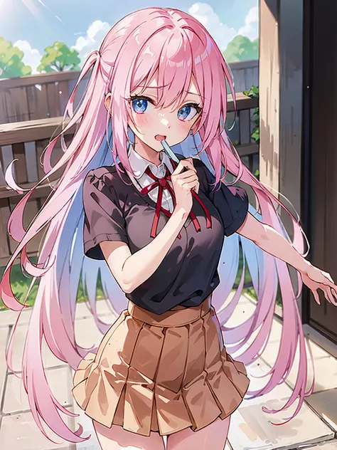 <lora:MicchonShikimori:0.7>,high res, masterpiece,Micchon Shikimori, pink hair, solo, 1girl,outside,deatailed background, detailed eyes, ((blue eyes))