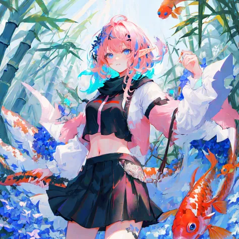 Masterpiece, best quality, detail, 1 girl elf wearing metal armor skirt, pink hair, (adjusted hair) , mature, short hair, blue eyes, navel, bamboo forest, colorful, flowers, koi carp