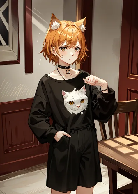 solo, 1girl, unamused, angry, paw pose, medium orange hair, cat ears, black eyes, (striped short), long sleeves, long trousers, bracelet, choker, dining room, cowboy shot, best quality, perfect anatomy, highres, absurdres