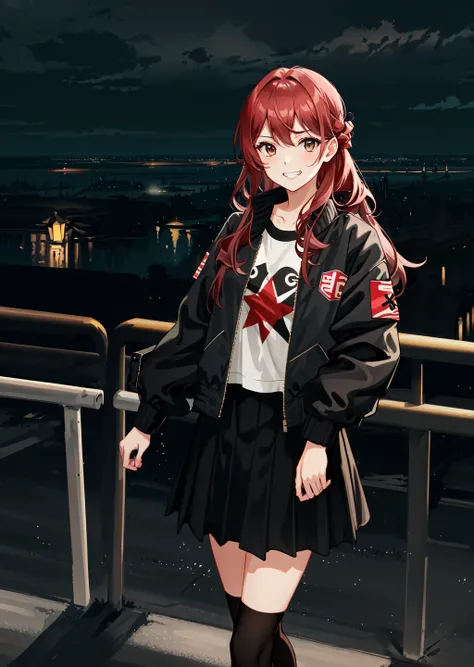 solo, 1girl, grin, long red hair, brown eyes, bomber jacket, print shirt, skirt, black legwear, night, raining, cityscape, city lights, cowboy shot, best quality, perfect anatomy, highres, absurdres