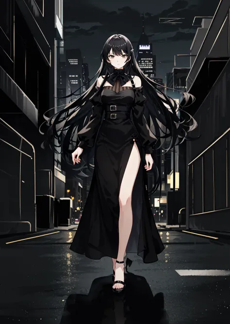 noir, mysterious, solo, 1girl, expressionless, closed mouth, looking at viewer, standing, arms at side, very long black hair, brown eyes, black dress, long dress, high heels, night, raining, cityscape, city lights, cowboy shot, best quality, perfect anatomy, highres, absurdres