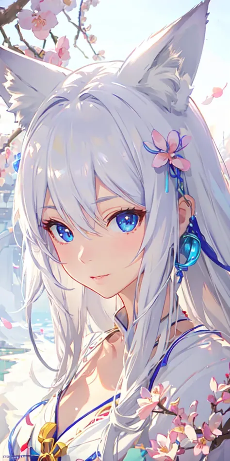 highres, highest quallity, illustration, cinematic light, ultra detailed, detailed face, (detailed eyes), best quality, hyper detailed, masterpiece, (detailed face), fox ears, fox tail, white hair, kimono, blue eyes, shrine maiden, cherry blossoms, highest details, luminous eyes, medium breasts, backlighting, light rays, (high contrast), (colorful),