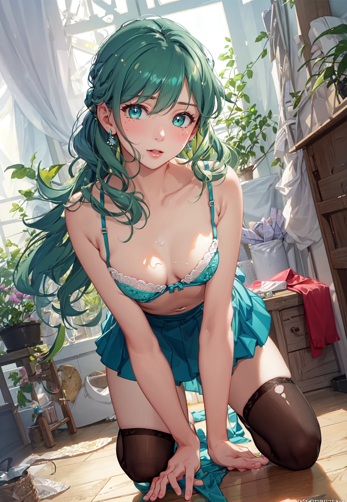 (masterpiece, best quality, extremely detailed CG, beautiful detailed eyes, ultra-detailed, highres, intricate details:1.3), 8k wallpaper, (elaborate features:1.2), (1girl, solo:1.3),
(realistic textures:1.4), cute, (vibrant colors, dynamic lighting:1.2), (high contrast:0.9), panorama,
(delicate strokes:1.3), (lustrous skin:1.1),
leaning forward, snowflake background, (conservatory:1.5), navel focus, (upskirt:1.3),
(wavy hair, dark green hair:1.3), (small breast:1.3),
pleated skirt, (Paletot:1.3), tied dress,
(socks, layered legwear:1.1),
( print bra:1.0), (bra pull:1.0),
(blodjow face:1.1), confident expression,
(aqua eyes, looking at breasts:1.4),
(no shirt:0.7), (torn:1.0),
cheating, thigh sex, (cum on clothes:1.0),
(wax play:1.3), (nsfw:1.15),