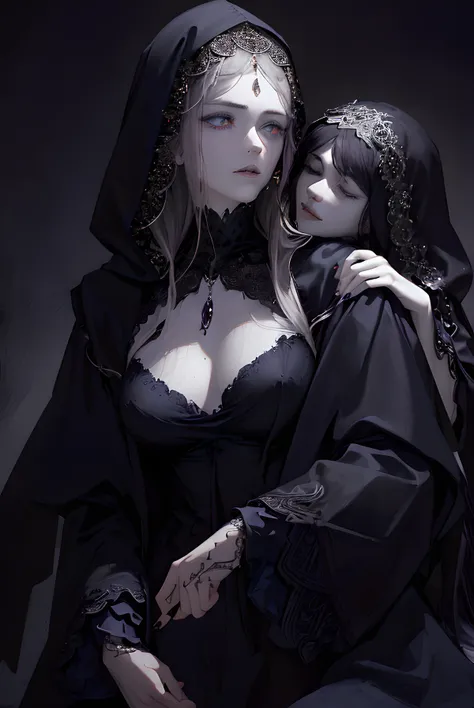 (masterpiece, finely detailed beautiful eyes: 1.2), ultra-detailed,
a mysterious figure in a hooded cloak, a female vampire in the medieval period, feeding from the neck of her sleeping victim
,detailed clothing, (realistic:2), gloomy atmosphere, dark fantasy /style/,