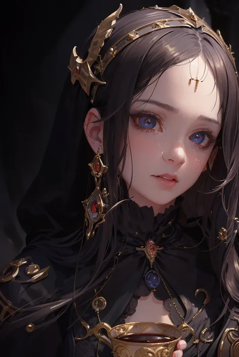 (masterpiece, finely detailed beautiful eyes: 1.2), ultra-detailed, poster,
A young girl vampire in medieval Europe, her eyes ablaze with hunger as she clutches a goblet of human blood
,detailed clothing, (realistic:2), gloomy atmosphere, dark fantasy style