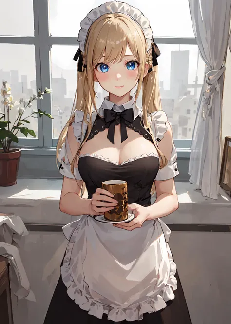 best lighting, absurdres, masterpiece, best quality, ultra-detailed illustration, (1girl:1.3), absurdres high detailed face, medium breast, long blonde hair, maid costume, apron, maid apron, maid headdress, short dress, detailed blue eyes, twintail, indoors, window, shy, blush, cute, hands in front