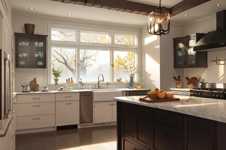 white traditional kitchen, black handles, black modern fridge, sunbeams coming from windows, warm atmosphere,