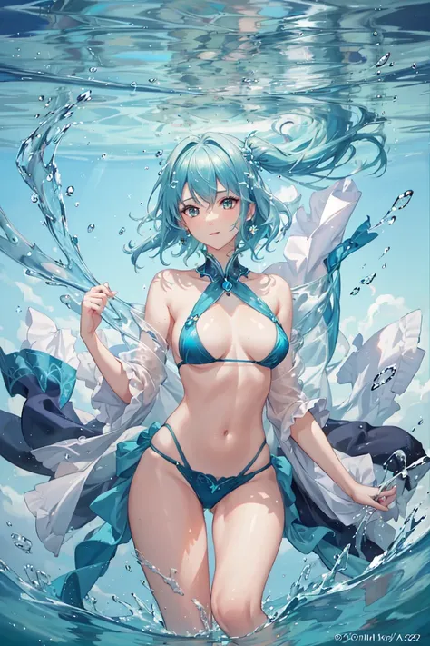1girl, female water spirit, aqua hair, inside a spring, few water drops on skin,