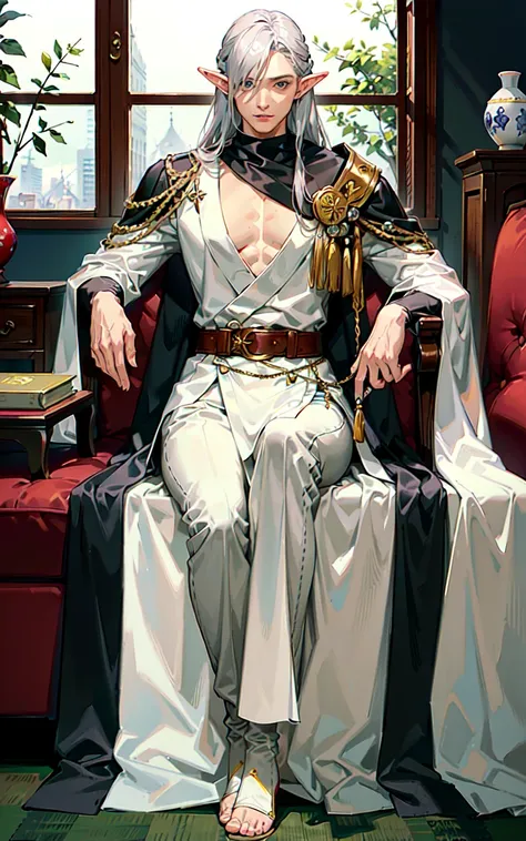 (((SFW))), RAW photo, (best quality,masterpiece:1.2), (realistic, photo-realistic:1.37), ultra-detailed, ultra high res, Create a portrait painting of a male elf in an office setting. The background features a window, books and documents on shelves, a carpet, and a desk. The elf has pointed ears, is slightly aged with a slender yet strong build. He has a serene and wise expression with silver hair and wears a single eyeglass. He is dressed in a luxurious and understated white cloak, black leather pants, and tall leather boots. He sits on a single sofa holding a backpack with adventure tools and documents. In his hand, he holds a guitar.