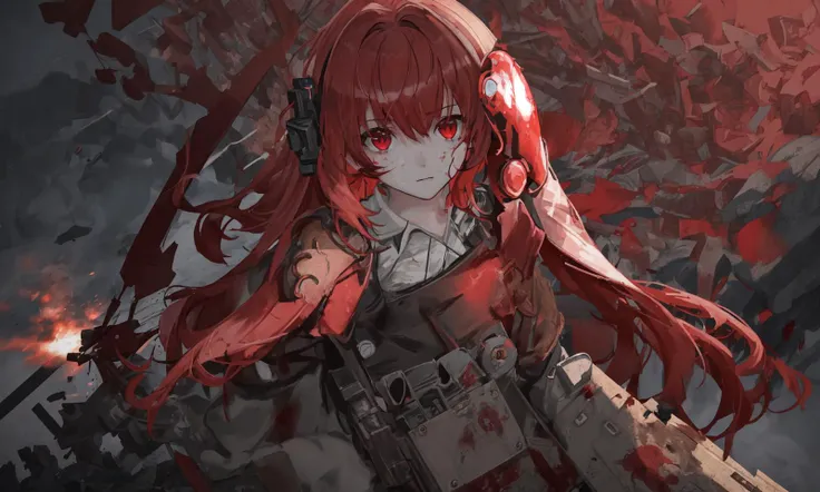 ultra-detailed,illustration,1girl, beautiful, pretty, a small amount of blood on the face,clear eyes,soldier with red hair holding a submachine gun,battlefield background,red banner,night,sparks and explosions,There are fighter planes flying in the sky