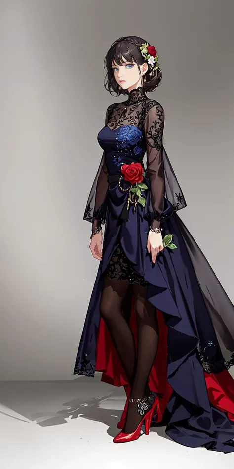 masterpiece, distinct, high quality, super detail, hyper detail long floral guipure Lace Stand Neck Dress, finely detailed blue eyes,(epic), (elegant) intricate details face , (realistic), solo, 1girl, , small face, short sliver hair, fashion red high heels, full body , black long stocking , standing , black pantyhose , grey background, simple background , closed mouth