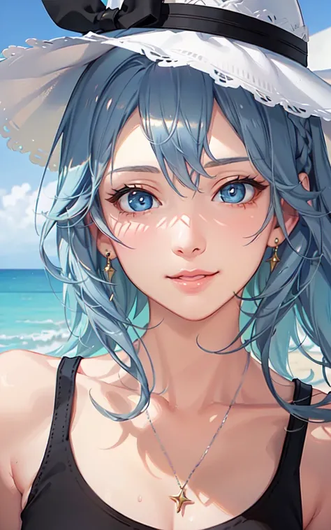 (masterpiece, finely detailed beautiful eyes: 1.2), (light-blue hair:1.2), (Zaffre eyes color:1.1), long hair, straight hair, (black tank top:1.2), realistic lighting, beautiful lighting, raytracing, photorealistic, (hyperrealistic:1.2), highres, 4k, 8k, (extremely detailed CG, 8k wallpaper:1.1), extremely detailed, sharp, digital illustration, detailed, realism, beautiful face, highly detailed face, ultra-realistic, masterpiece, detailed eyes, hyper-detailed, volumetric lighting, realistic shadows, intricate details, small details, cheerful, smile,  (white hat:1.2), silver_necklace, high heels, (on the beach:1.2),