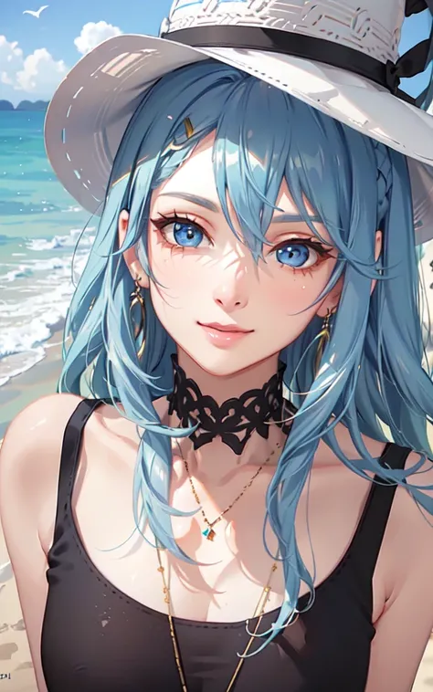 (masterpiece, finely detailed beautiful eyes: 1.2), (light-blue hair:1.2), (Zaffre eyes color:1.1), long hair, straight hair, (black tank top:1.2), realistic lighting, beautiful lighting, raytracing, photorealistic, (hyperrealistic:1.2), highres, 4k, 8k, (extremely detailed CG, 8k wallpaper:1.1), extremely detailed, sharp, digital illustration, detailed, realism, beautiful face, highly detailed face, ultra-realistic, masterpiece, detailed eyes, hyper-detailed, volumetric lighting, realistic shadows, intricate details, small details, cheerful, smile,  (white hat:1.2), silver_necklace, high heels, (on the beach:1.2),