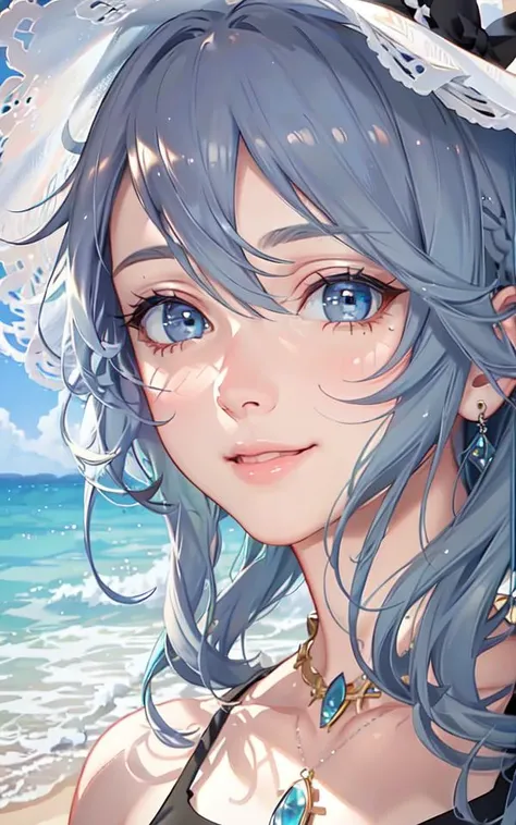 (masterpiece, finely detailed beautiful eyes: 1.2), (light-blue hair:1.2), (Zaffre eyes color:1.1), long hair, straight hair, (black tank top:1.2), realistic lighting, beautiful lighting, raytracing, photorealistic, (hyperrealistic:1.2), highres, 4k, 8k, (extremely detailed CG, 8k wallpaper:1.1), extremely detailed, sharp, digital illustration, detailed, realism, beautiful face, highly detailed face, ultra-realistic, masterpiece, detailed eyes, hyper-detailed, volumetric lighting, realistic shadows, intricate details, small details, cheerful, smile,  (white hat:1.2), silver_necklace, high heels, (on the beach:1.2),