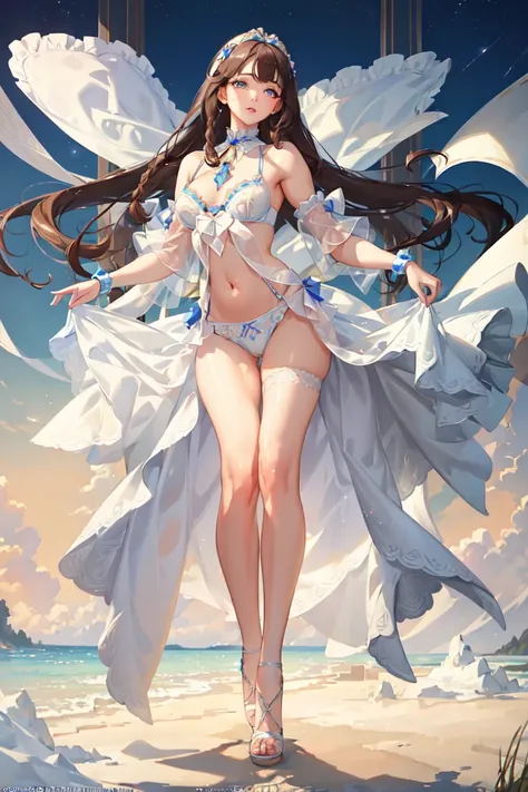 (masterpiece:1.3),( beautiful:1.2),(high quality:1.2),(finely detailed:1.2),(beautiful eyes:1.5),portrait,realistic, 3d face, (glowing eyes:1.1),shiny hair, lustrous skin, solo, embarassed, midriff,brown hair,blue eyes,braided hair, blunt bangs,(lingerie:1.3),full body,