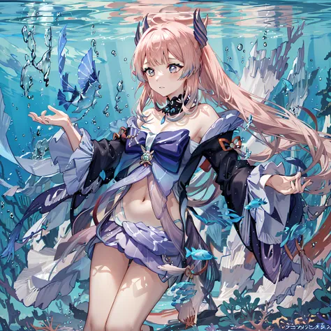sangonomiya kokomi \(genshin impact\), 1girl, underwater, seaweed, reef, coral, fish <lora:sangonomiyaKokomi_v10:0.8>