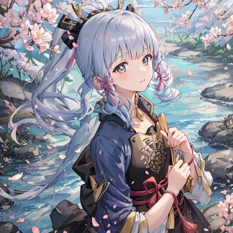 kamisato_ayaka, 1girl, cherry blossom, petals, flowers, facing viewer, (forest, creek, trees, plants0.8), closeup<lora:kamisatoAyakaGenshin_kamisatoAyaka:0.75>