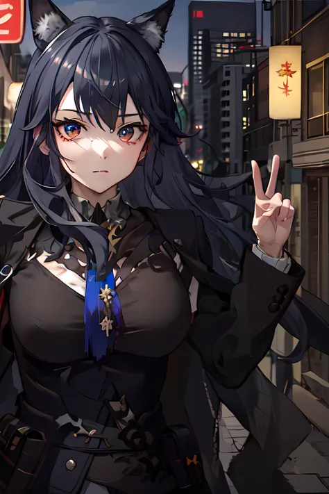(masterpiece:1.3), best quality, <lora:arknightsTexasThe_v10:0.8>, solo, 1girl, omertosa, expressionless, looking at viewer, peace sign, cityscape scenery, skyscrapers, city lights, upper body
